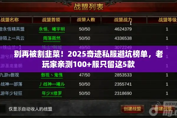 别再被割韭菜！2025奇迹私服避坑榜单，老玩家亲测100+服只留这5款